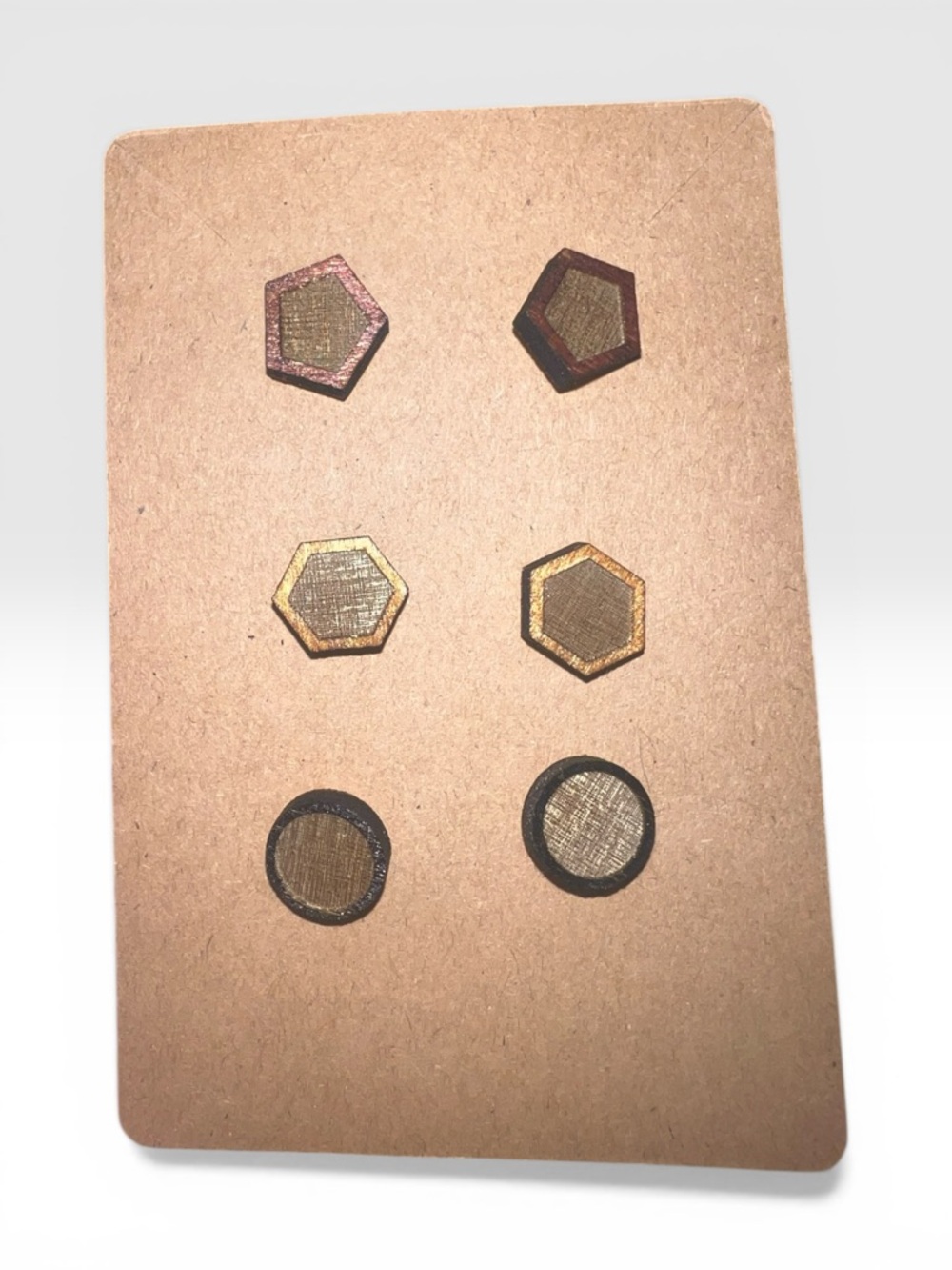 Hexagon and Circle Metal Stud Earring Set in Gold and Bronze Tones